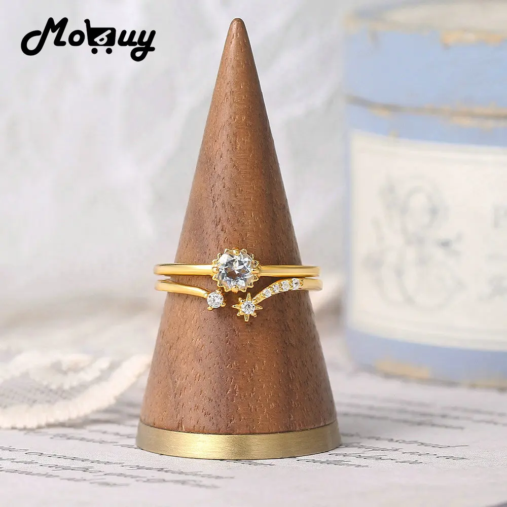 MoBuy 925 Silver Ring Set For Women Moon Star Natural Topaz Garnet 14K Gold Plated Fine Jewelry Adjustable Female Ring V087