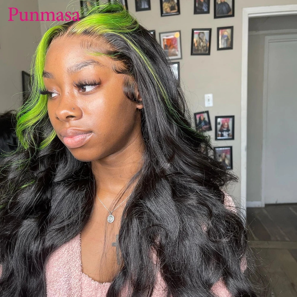 Punmasa 13x6 Green Splice Body Wave Human Hair Wigs Transparent Lace Front Wigs for Black Women PrePlucked 200% 13X4 Frontal Wig