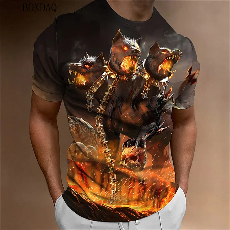 

Animal Beast Fierce Wolf 3d T-shirt Short Sleeve Cerberus Graphic Men's Oversized Tops Summer 3D Abstract Printed Man Tees