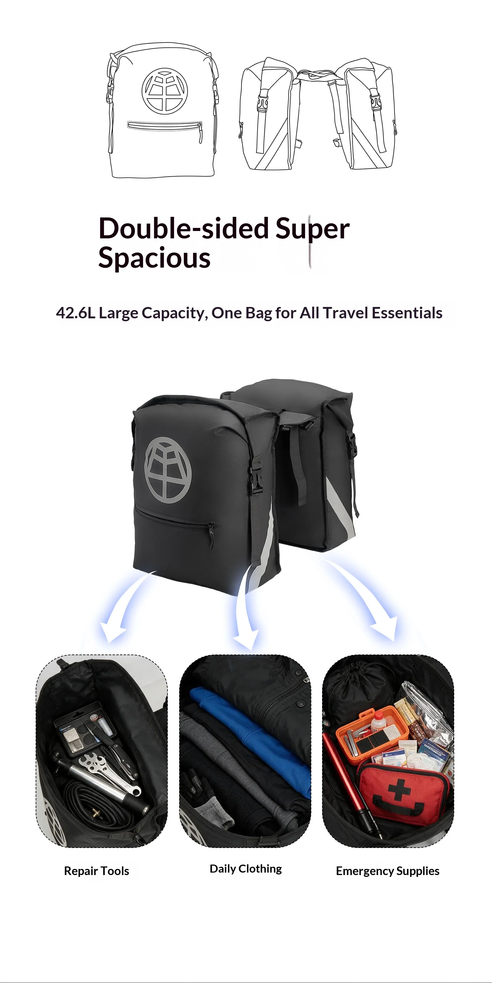 OFFBONDAGE Fahrradtaschen, 43,2 l, großes Fassungsvermögen, wasserdicht, doppelseitig, für MTB, Rennrad, Rücksitz, Kofferraumtasche, Fahrradzubehör – Detail 5
