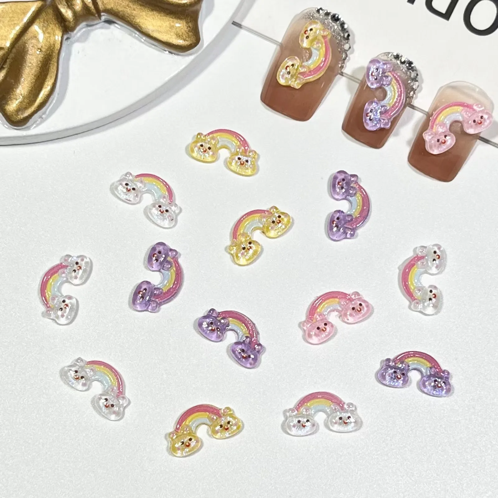 20pcs miniso rabbit rainbow cartoon nail charms for diy nail making cute mini resin flatback nail art decoreation