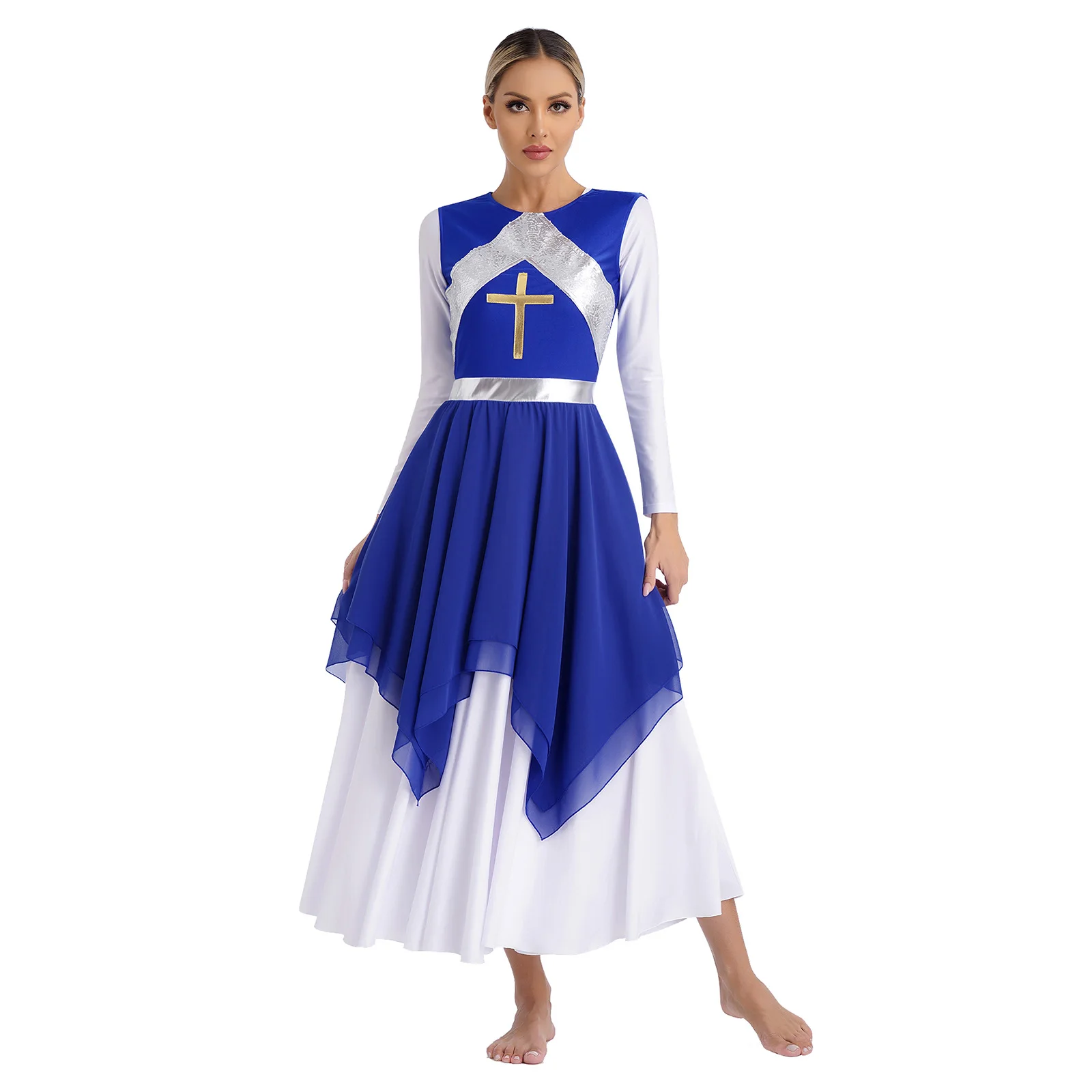 

Womens Metallic Shiny Sequins Liturgical Praise Dance Performance Dress Costume Patchwork Irregular Hem Modern Dresses Outfit