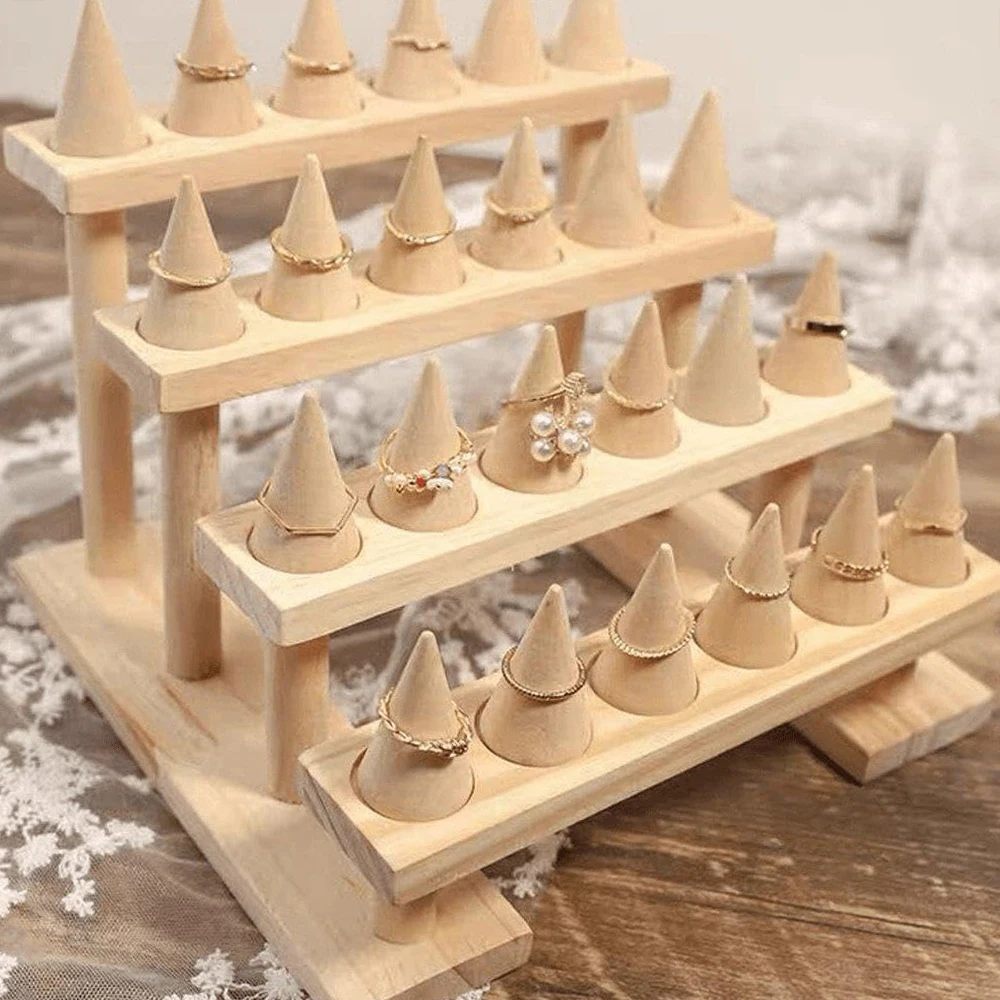 Wood Ring Storage Jewelry Display Stand Organizer Storage Shelf Jewelry Display Holder Supplies Fashion Accessories 4 Tier