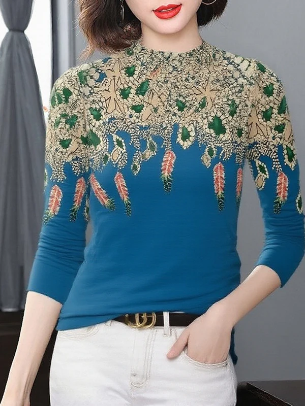

Elegant Thickened Fleece Lined Long Sleeve Floral Print High Collar Base Shirt for Middle Aged Women Warm Slimming Top