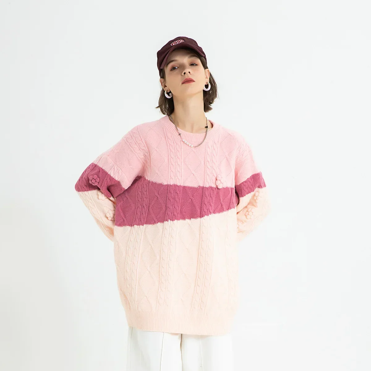 Pullover Rosa Farbverlauf Lose Pullover Rundhals Paar Strick Herbst/Winter