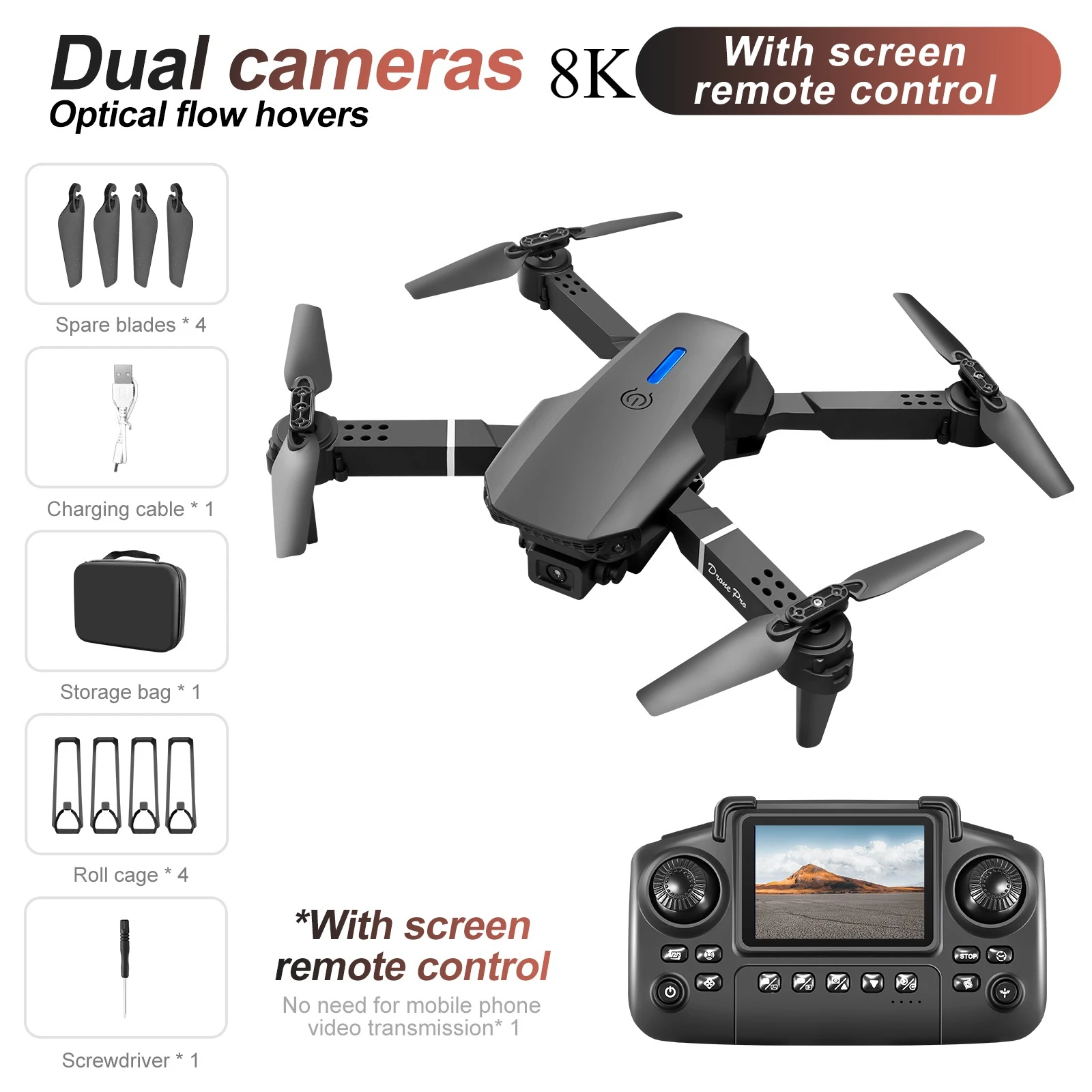 Nieuwste E88 E99D Schermbestuurde verlichting Mini Drone 4K 2 camera Optische stroom Afstandsbediening Vliegtuigen Mavic Air 2