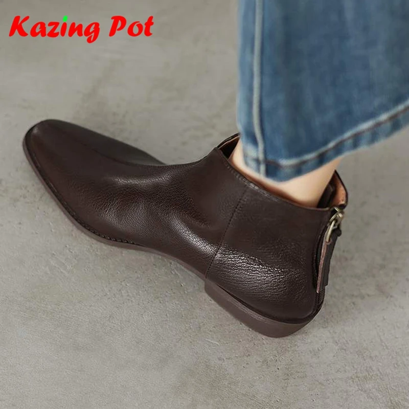 Krazing Pot Plus Size 42 Sheepskin Round Toe Med Heels Zip Chelsea Boots Keep Warm Winter Shoes Fashion High Street Ankle Boots