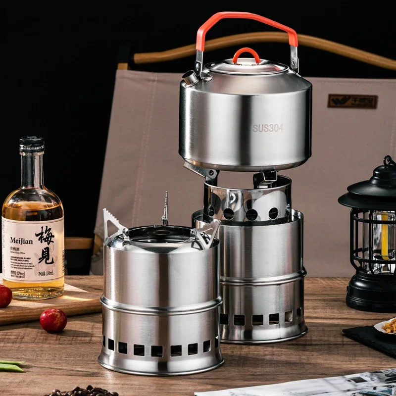 DurableOutdoor Portable Firewood Stove Movable Small Windproof Self Driving Tour Complete Set Of Water Kettle And Barbecue Stove