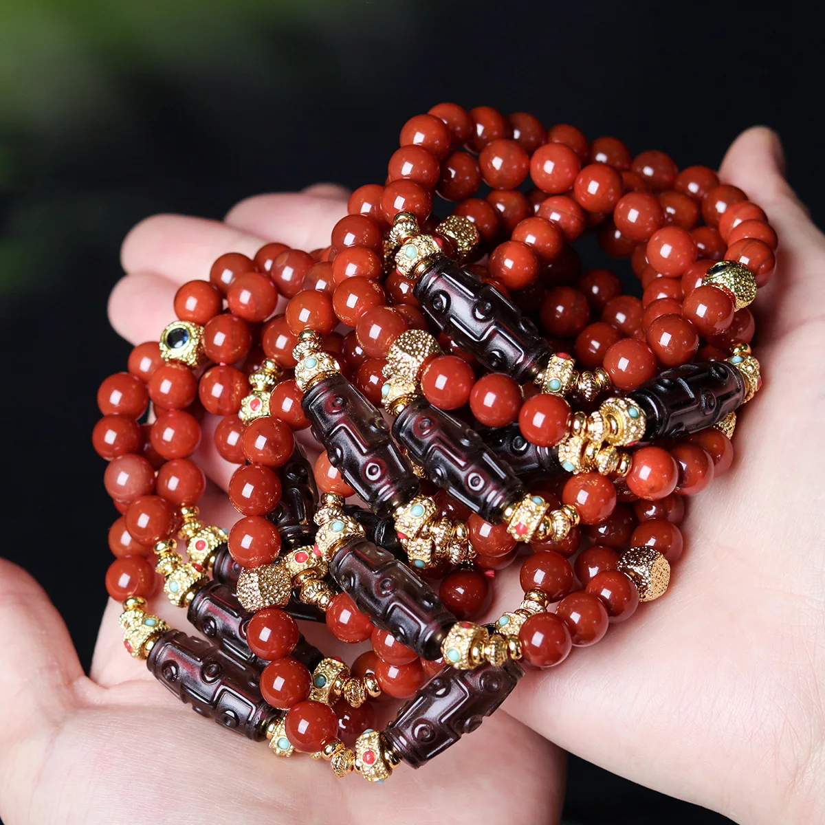 

Premium Nanhong Agate Designer Style Nine Eyes Dzi Bead Mala Bracelet Prayer Beads New Chinese Style Wenwan For Men Women