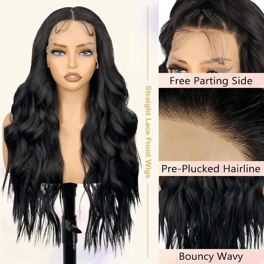 باروكة أمامية من الدانتيل الصناعي مقاس 13 × 4 باللون الأسود مع نسيج طويل مموج بطول 26 بوصة خط شعر مسبق النتف وشعر أطفال للمظهر الطبيعي