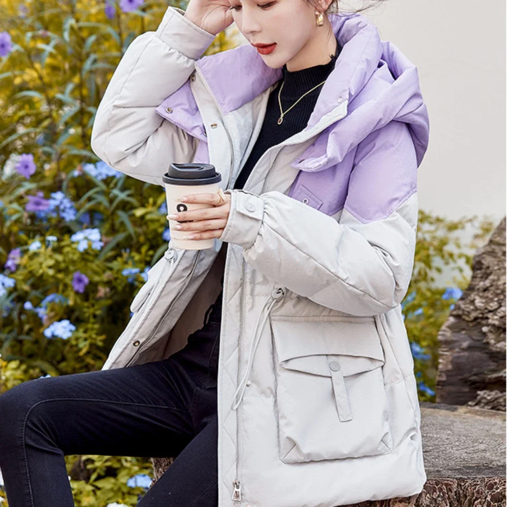 Jaqueta feminina modelos 2024 inverno nova cor bloqueando com capuz cintura de comprimento médio puffer jaqueta quente inverno outerwear