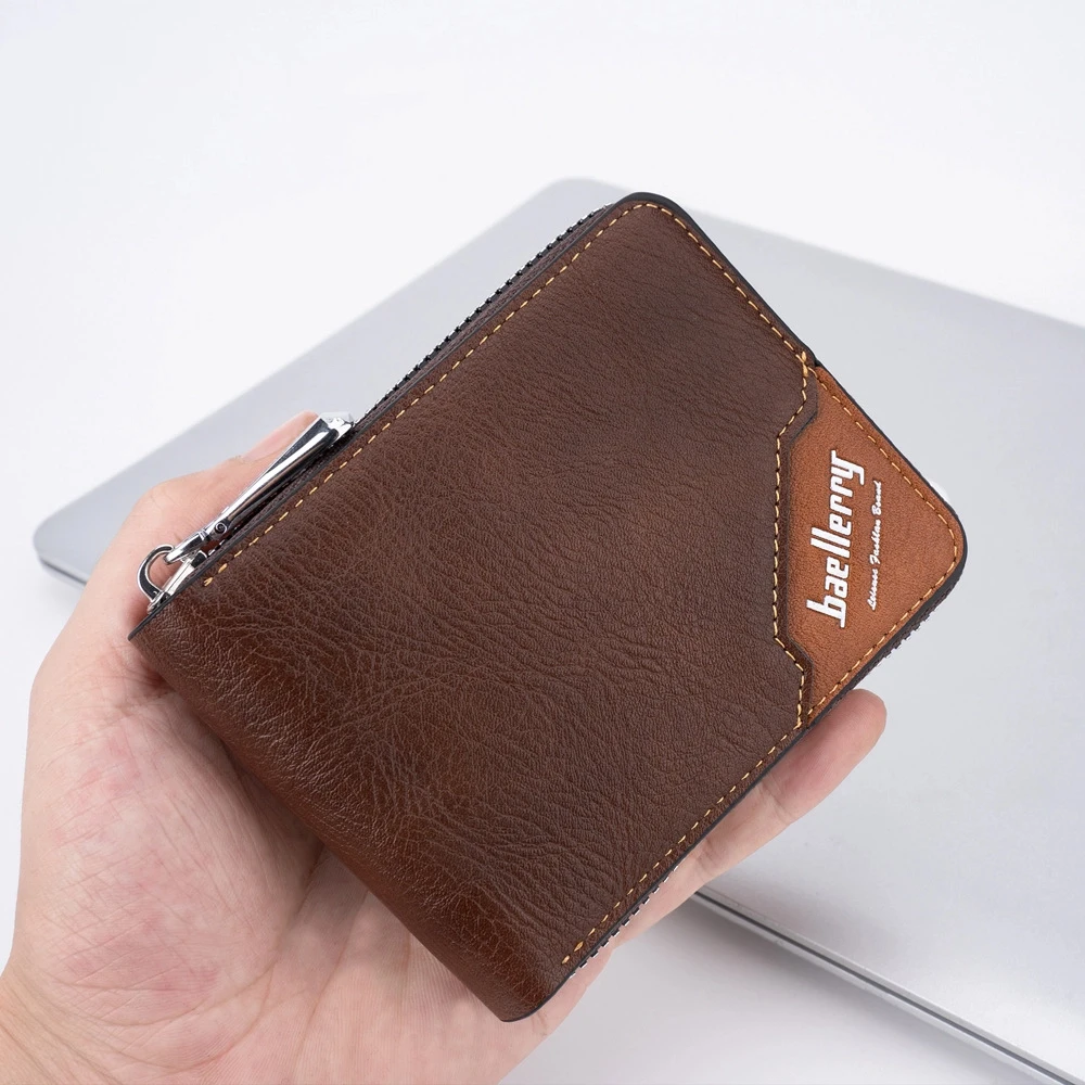 

Leather Men's Short Wallet Zipper Card Bag Urban Recreational Style Male Leather Purse ID Badge Holder English Letter