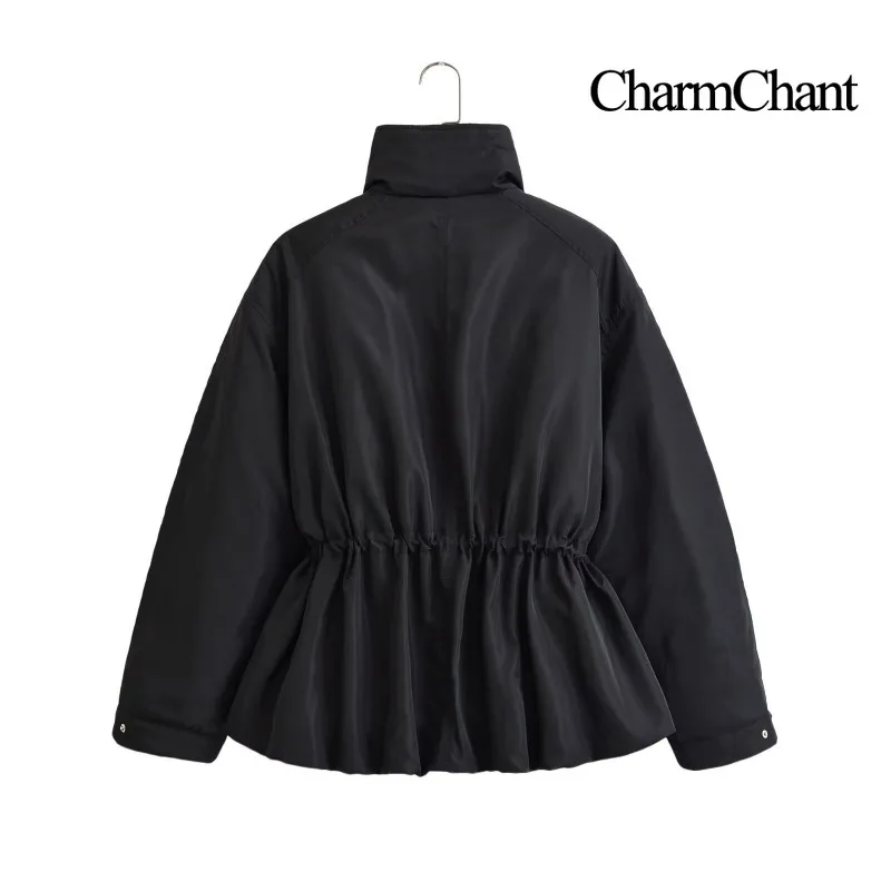 CHARMCHANT Women's High Collar Zip Up Padded Jacket Drawstring Waist Peplum Hem Oversized Casual Coat Autumn Winter 2026
