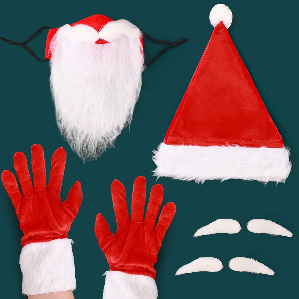 

3D Santa Claus Beard Masks Christmas Hat Adult Unisex Funny Santa Beard Face Covers Plush Glove for Xmas Cosplay Party Decor