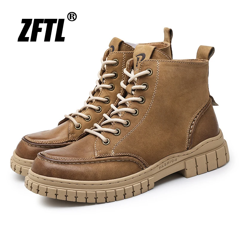 

ZFTL Men's Retro High Top Shoes American style thick-soled leather boots Rubbed Color Work Boots Top Layer Cowhide Biker Boots