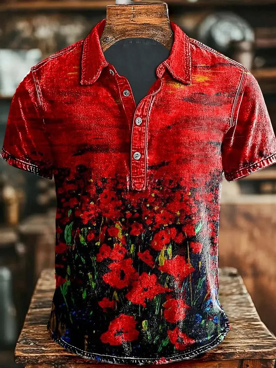 New abstract color circle art 3D printed men's POLO short sleeved distressed yellow collar casual shirt
