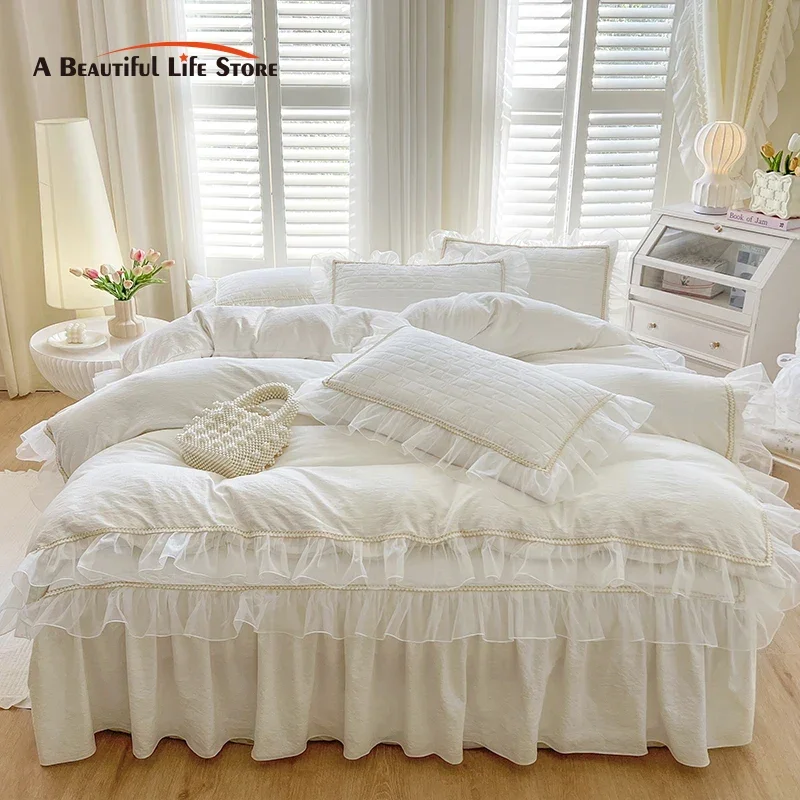 

Solid Color Lace Ruffles Soft Seersucker Princess Bedding Set Duvet Covers Bed Skirt Bedspread Quilt Cover Set Pillowcase 4Pcs
