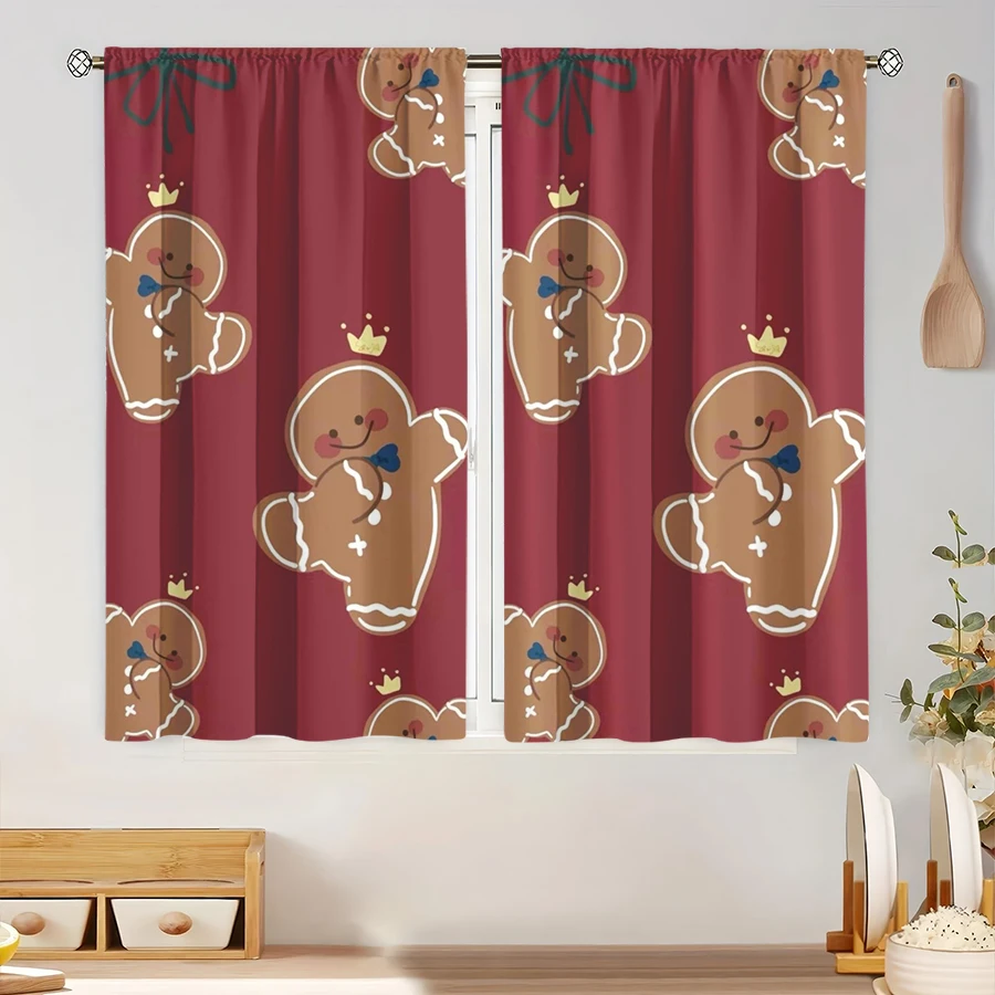 2PCS Digital Print Curtain, Cute Gingerbread Men with Crowns and Blue Bow Ties on Red Background, Kawaii, for Window Home Decor