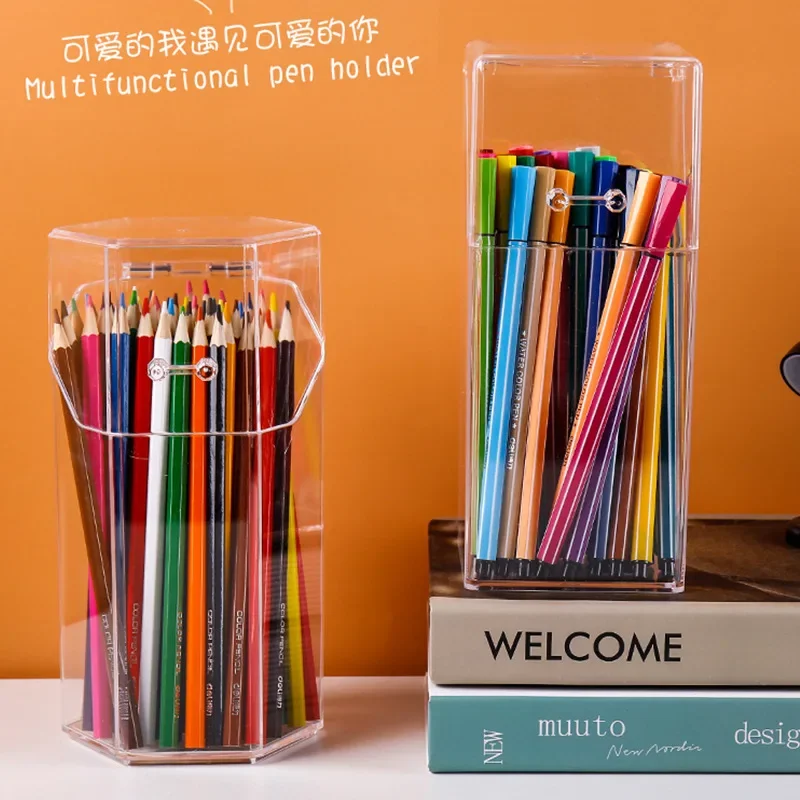 Acrylic Pen Holder Makeup Brush Holders Pencil Organizer Clear Stationery Storage Box Makeup Organizer with Lid Dust-proof Case