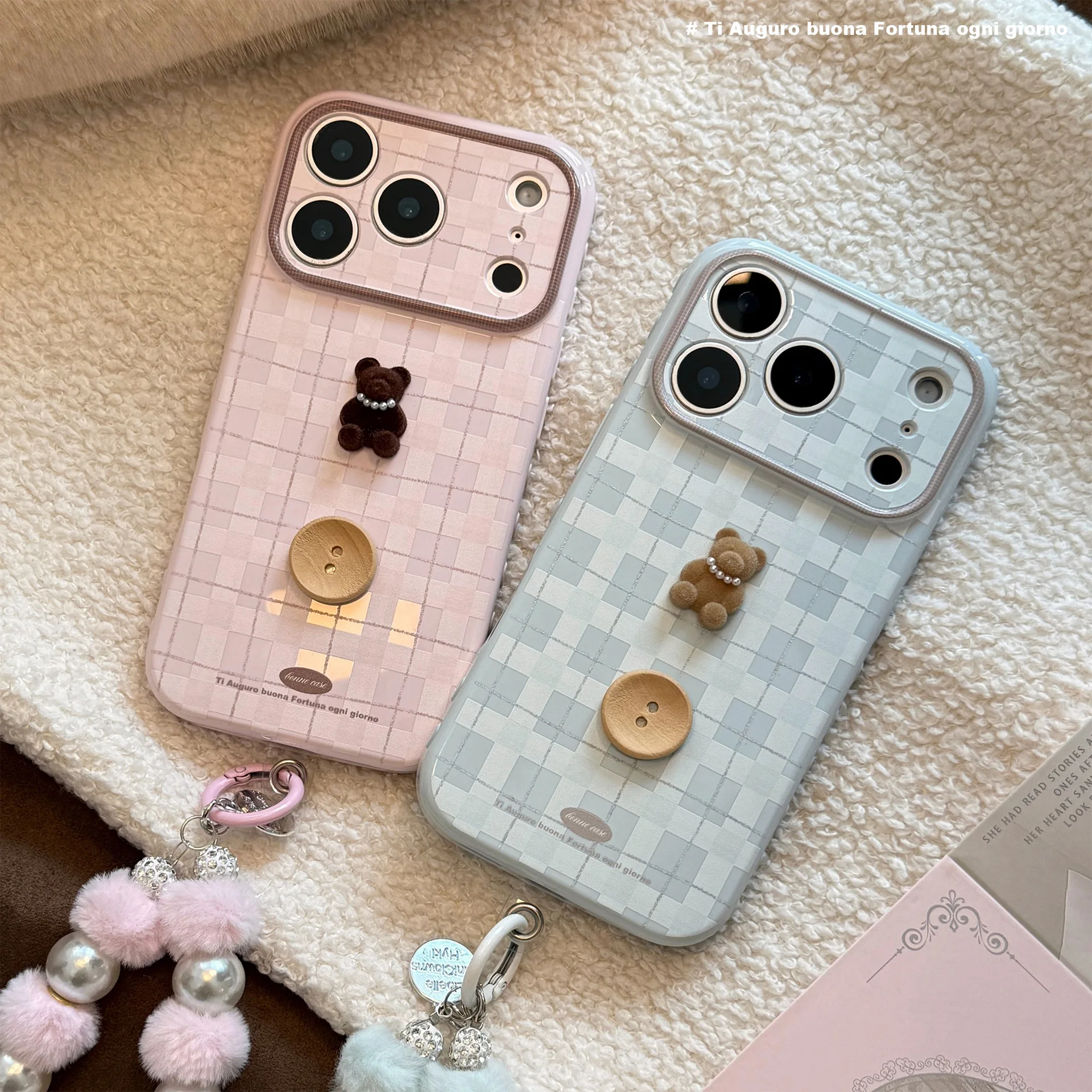 Korean Plaid 3D Cartoon Pearl Bear Button Phone Case With Bracelet For iPhone 17 16 15 14 13 11 12 Pro Max Shockproof Soft Cover view 3