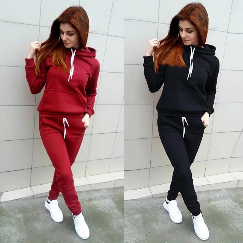 

Autumn Women's Fleece Tracksuit 2 Pieces Set Pullover Hoodies Pants Sport Suit Female Winter Warm Sweatshirt Suit for Woman