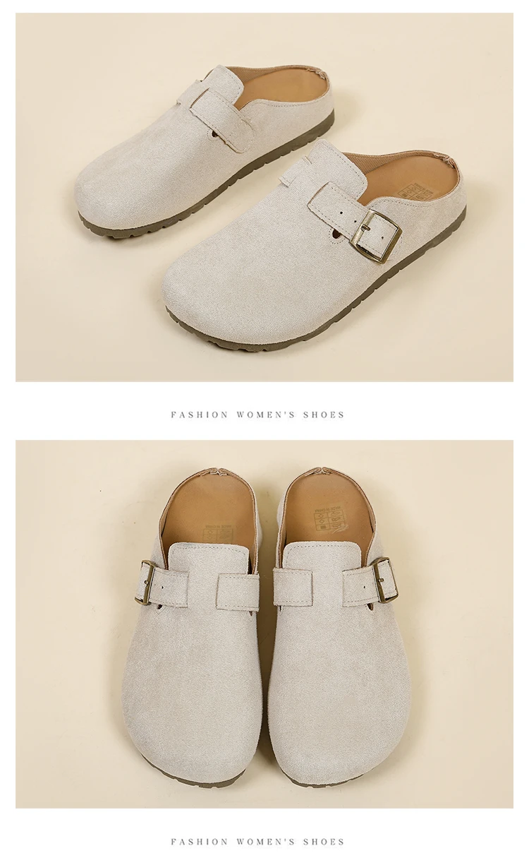 Women's Retro Suede Clogs With Buckle Slip-on Mules Flat Sandals_voghion.com