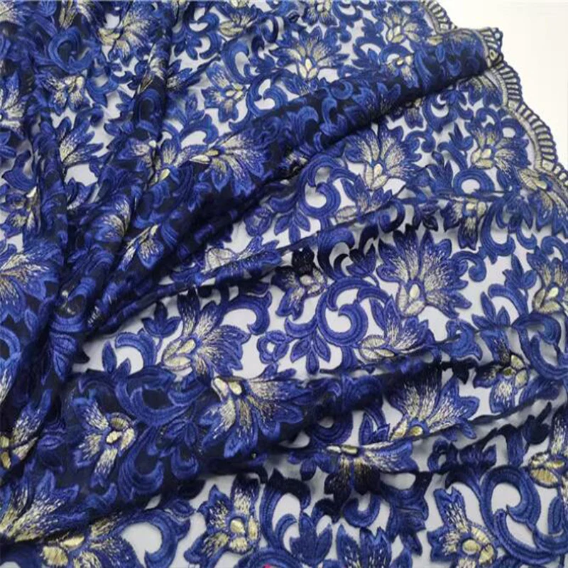 Royal Blue Embroidery Flower Lace Mesh Fabric Chinese Ethnic Style Clothing Fabric Sewing Material DIY Clothing /Wedding Dress