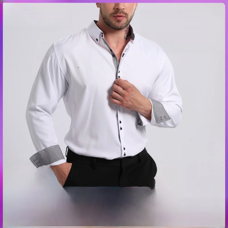

Men's Casual Long Sleeve Shirt Elastic Non-iron Double Button Color Block Business Leisure Clothing Standard Fit PU Leather