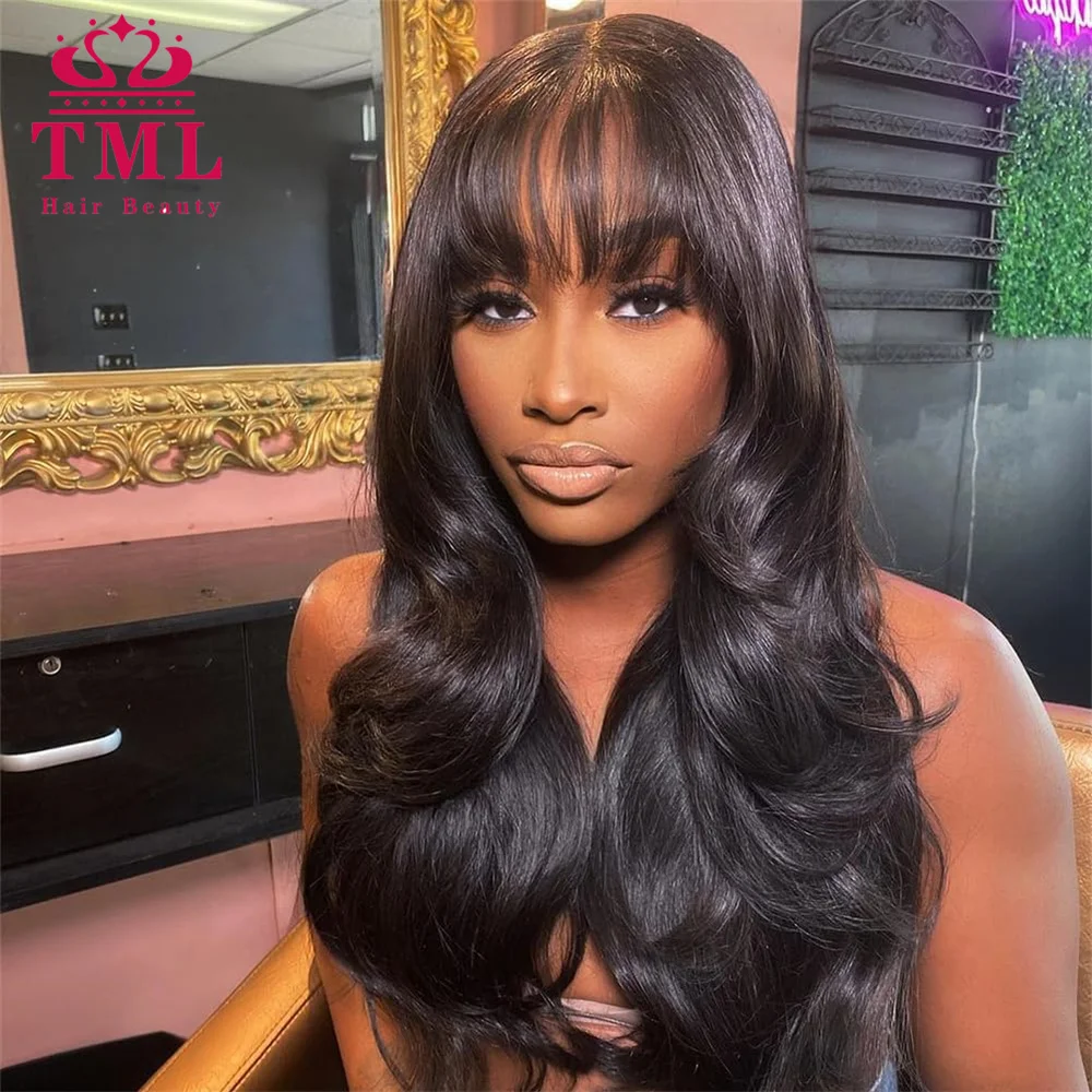 

Body Wave Human Hair Wig With Bangs for Black Women Machine Made 180 Density Brazilian Body Wave Virgin Wig with Bangs 30 Inch