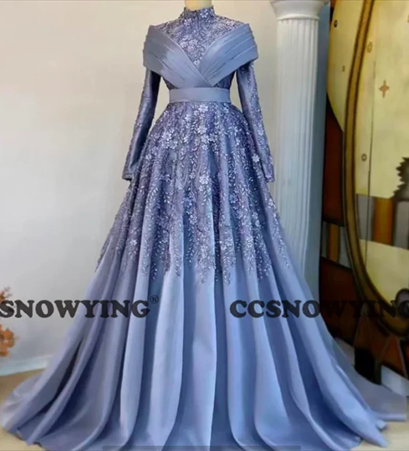 Luxurious Flower Appliques Satin High Neck Long  Sleeve Prom Dress  Formal Occasion Dresses Arabic Dubai Kaftan