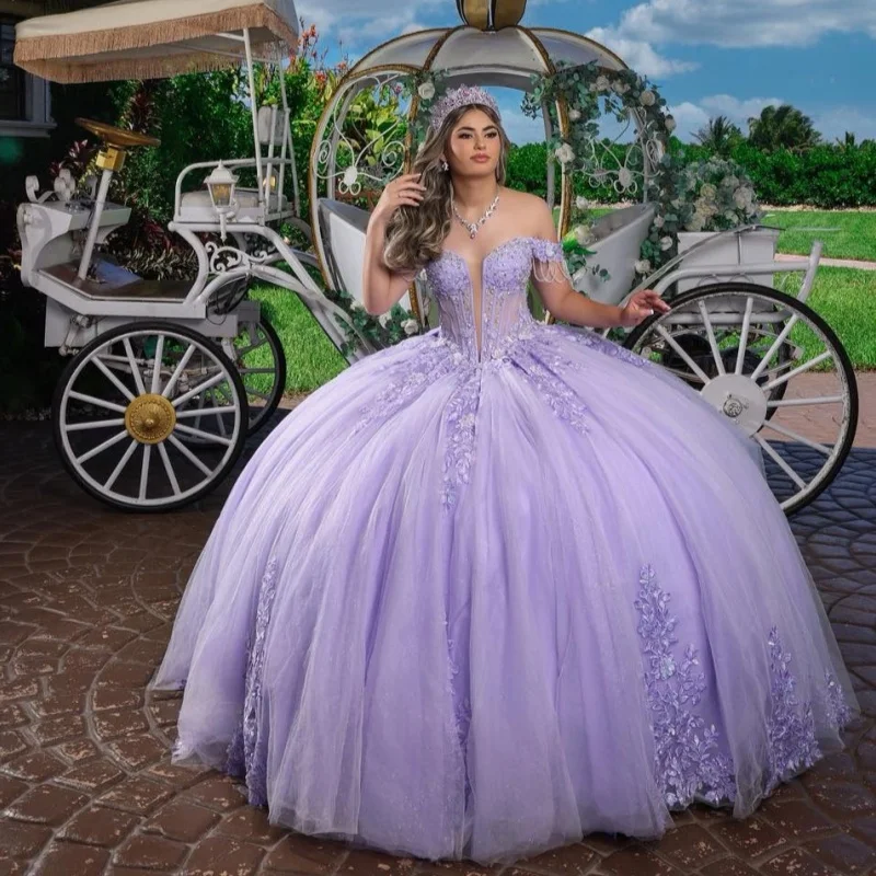 

Lavender Quinceanera Dresses Off the Shoulder Glitter Crystal Decal 3D Flower Long tail Bow Vestido De 15 Quinceanera Customize