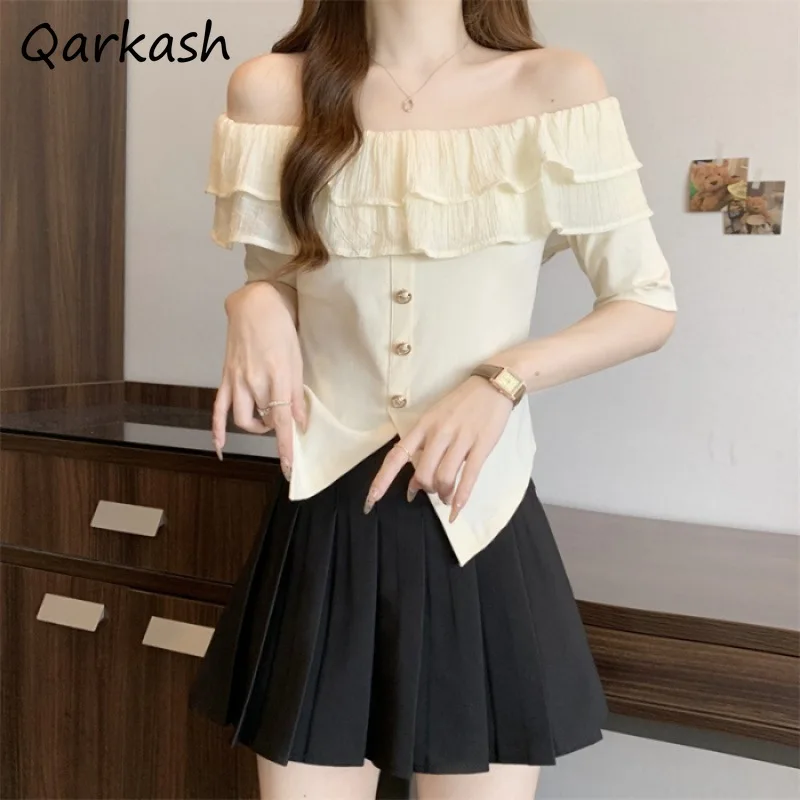 

Футболки женские с оборками в стиле пэчворк, вязаные корейские нежные топы, летние уютные универсальные темпераментные дизайны, элегантные модные новые футболки