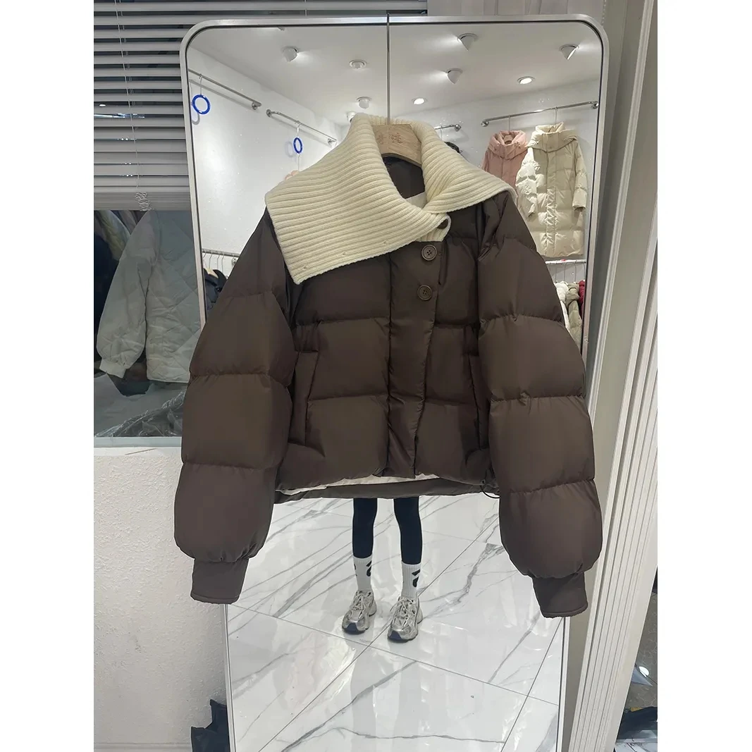 Dolcevita lavorato a maglia Patchwork piumino corto giacca imbottita in cotone invernale sciolto coreano caldo femminile parka cappotti in cotone nero albicocca