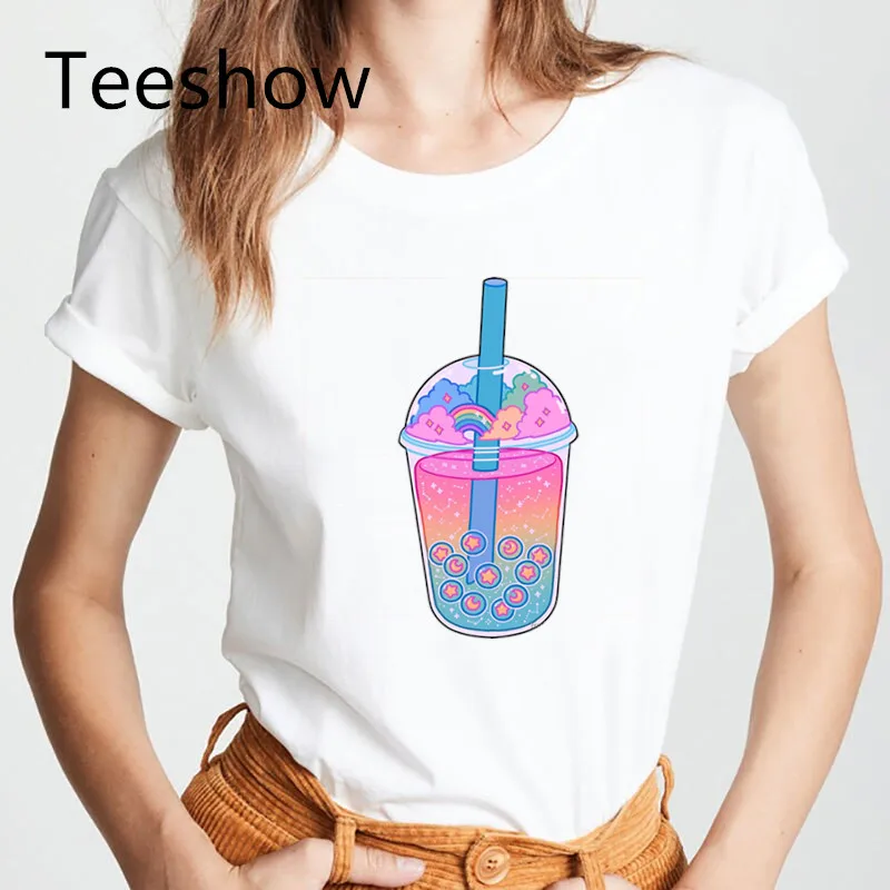 Kawaii Boba Tea Women T-shirt Printed Cute Cartoon Tshirt Female Casual Streetwear Short Sleeve Graphic Tops Tee Women Clothing