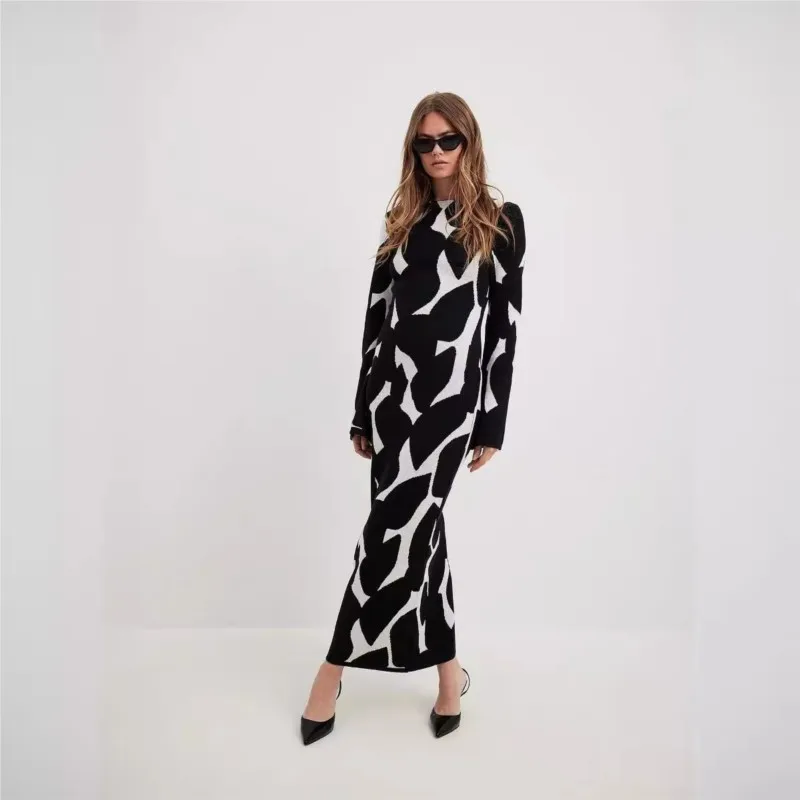

Knitting Long Dress Women Elegant Sexy Bodycon Dress Lady Slim Print Flare Sleeve Dress Female Fashion Wrap Party Maxi Dress