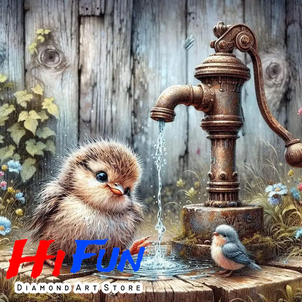 

DIY Diamond Painting Vintage Garden Faucet Bird Drinking Water Diamond Embroidery Spring Songbird Wall Art Gift for Home