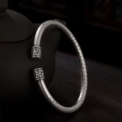 silver 925 engraved Heart Sutra charm bracelet for women open for men retro style solid bangles charms simple jewelry