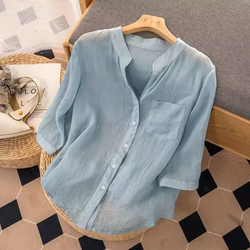 Blue Linen Cotton Lightweight V-Neck Three Quarter Sleeve Single Breasted Women\'s Blouse Shirt Korean Fashion Female Clothing