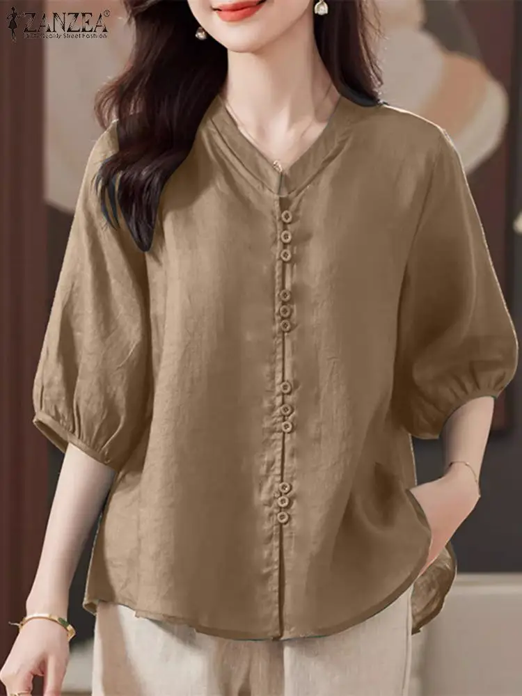 ZANZEA-Blusa holgada informal para mujer, camisa de gran tamaño con cuello levantado y manga 3/4, Estilo Vintage, para vacaciones y trabajo, 2024