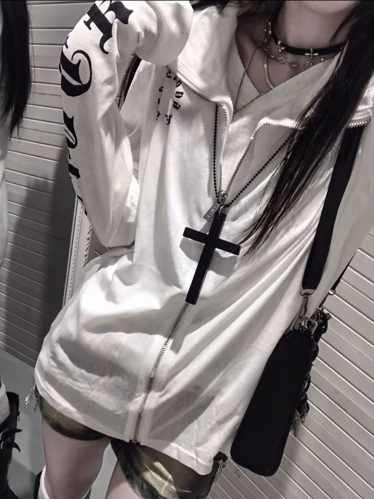 New Summer Gothic American Streetwear Full Zip Sunscreen Jacket Women Loose Oversized Letter Print Versatile Casual Daily Outfit