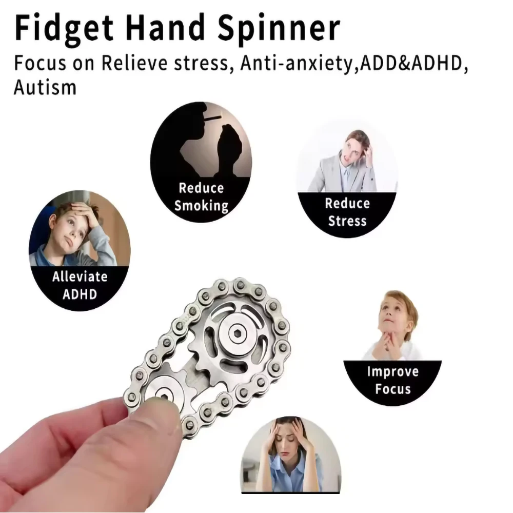 1/2-Pack avec pochette chaîne Gear Fidget Spinner-3 couches en acier inoxydable doigt gyroscope jouet avec roulement à billes pour soulager le stress et mise au point