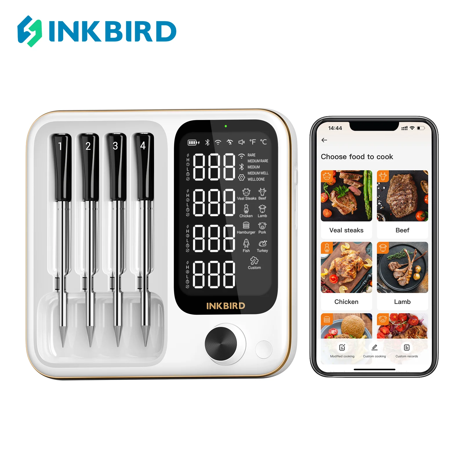 INKBIRD INT-14-BW 3-Mode WiFi/Bluetooth BBQ Thermometer, 4 Wireless Probes, IP67 Waterproof, ±1℃, 25H Battery, Smart App Control