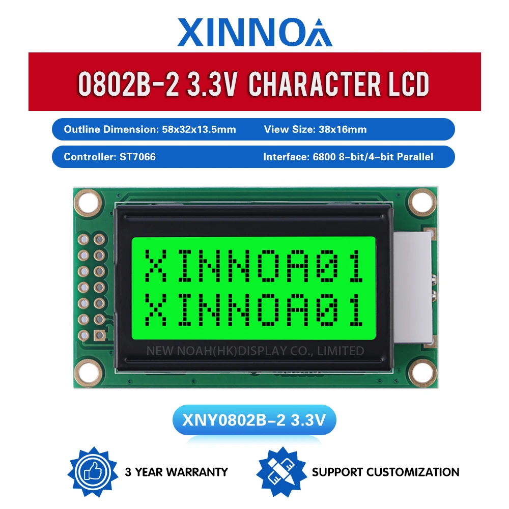 휴대용 LCD 디스플레이 모듈, 그린 라이트, 블랙 문자, 0802B-2, 3.3V 문자, 0208 LCD, 14 핀, ST7066, 8X2