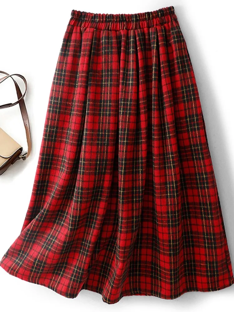 Early Autumn Atmosphere Red Plaid A-Line Midi Skirt Women's High Waist Slim Fit Fullness Skirt Casual Style Commute Friendly