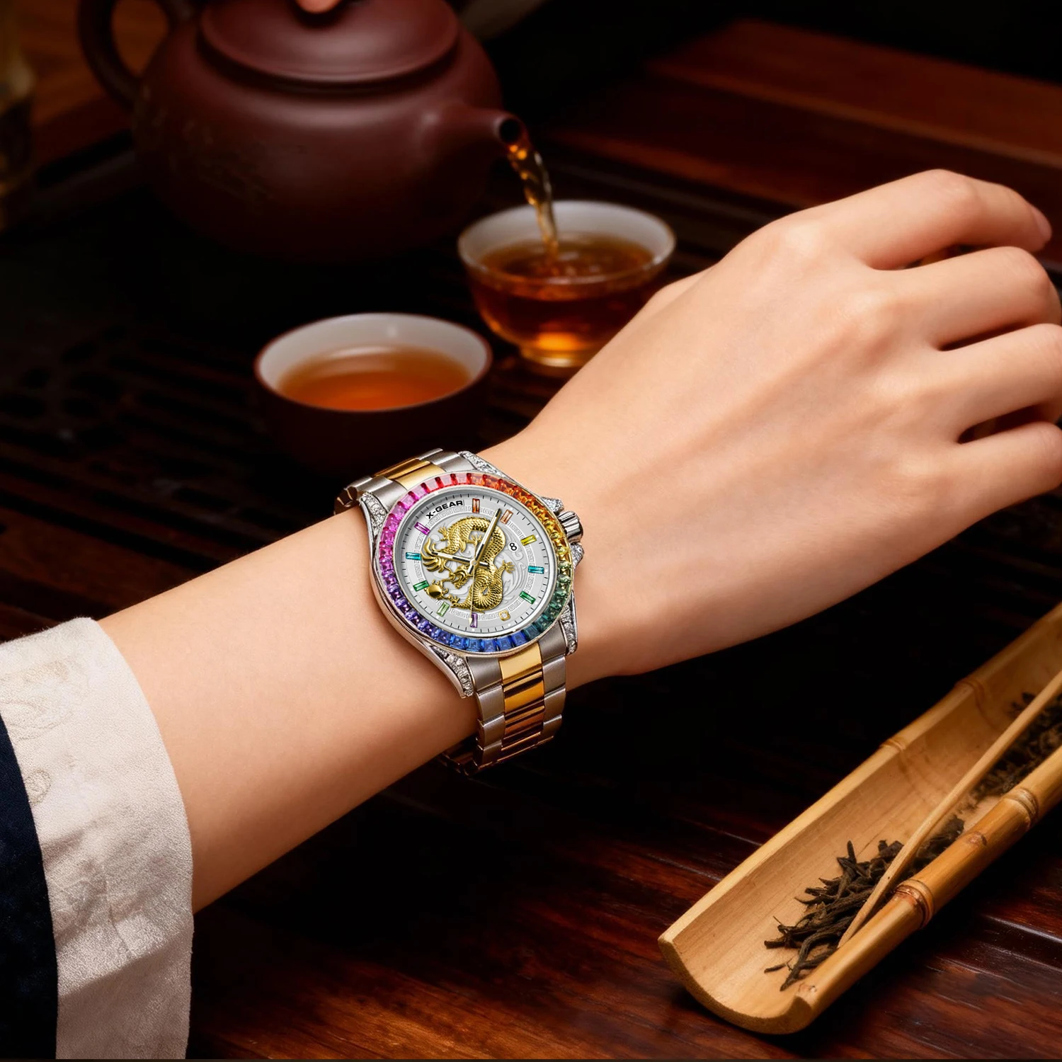 X-GEAR Real Dragon Dial Men's Trend Business Big Three Hands Men's Luxury Diamond Luminescent Waterproof Men's Quartz Watch