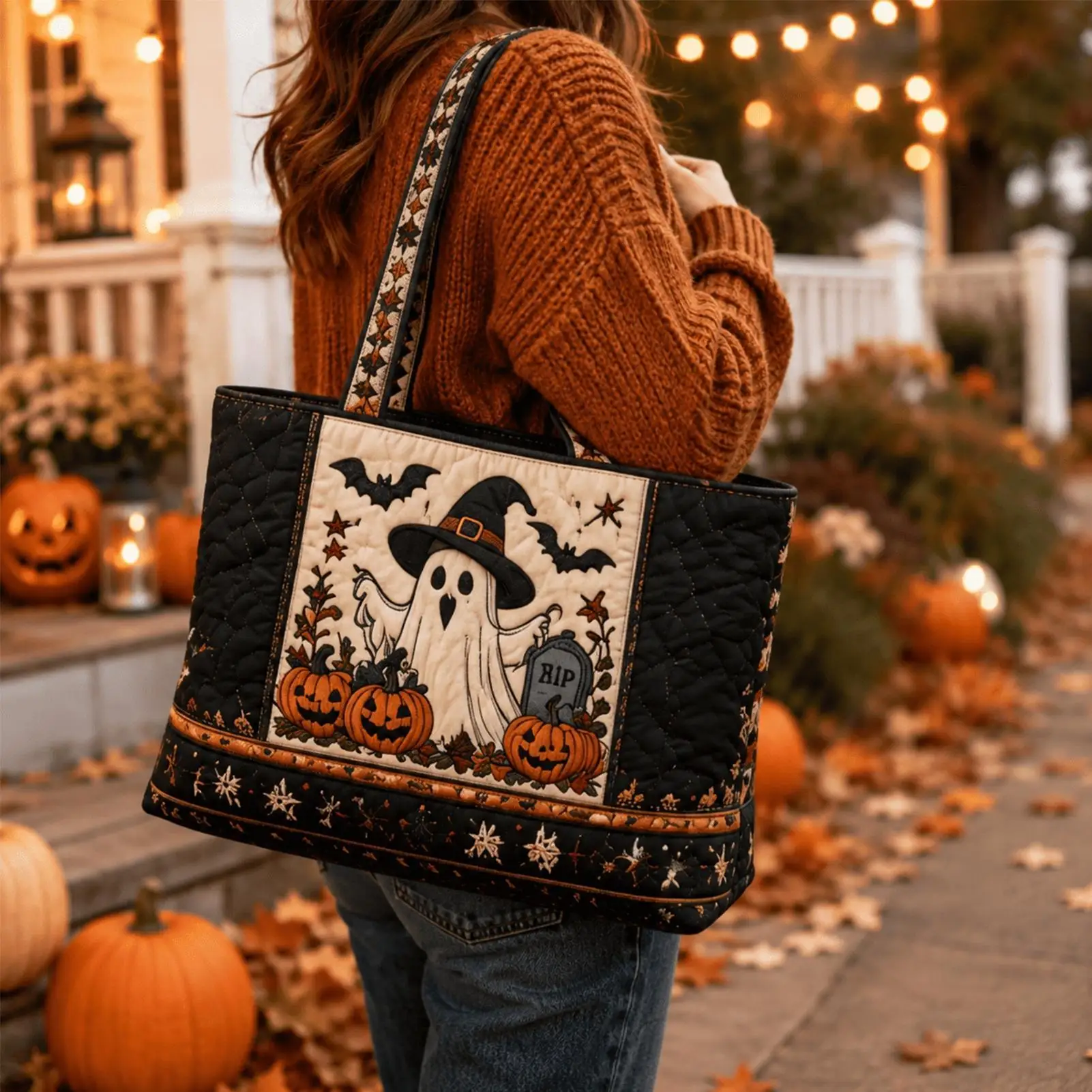 Halloween-Tragetasche, 3D-Grusel-Design, gesteppt, große Kapazität, Halloween-Themen-Handtasche zum Einkaufen, für Outdoor-Aktivitäten, Sandstrand, Bootsfahrten – Detail 7
