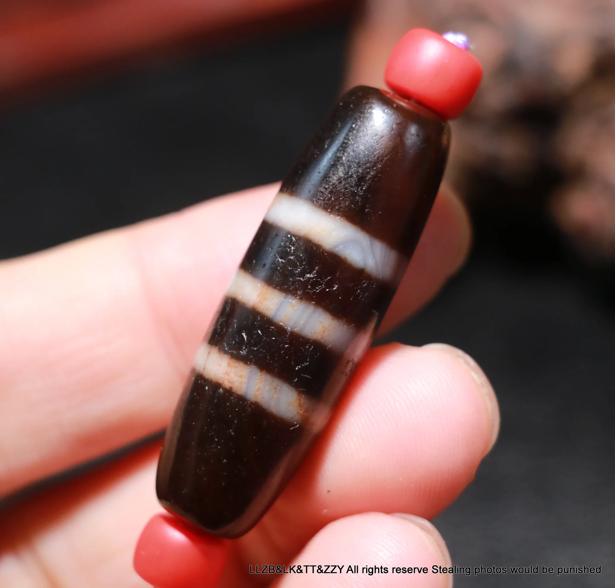 Magic Power Energy Tibetan Oily Old Agate Cinnabar Dots 3 Line Healer dZi Bead Amulet Power Pendant Big Treasure BG UPD1202a