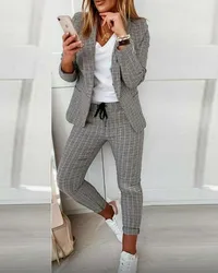 Blazer con stampa scozzese cappotto e pantaloni con coulisse Set per Lady monocromatico Patchwork Outfit Trendy 2 pezzi Set