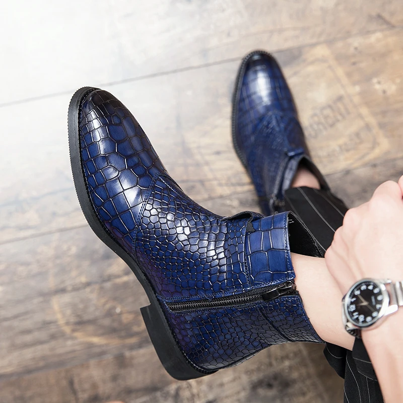 Ankle Boots for Men Blue Black Business Round Toe Zipper Pu Mens Boots Free Shipping Size 38-48 Motorcycle Boots