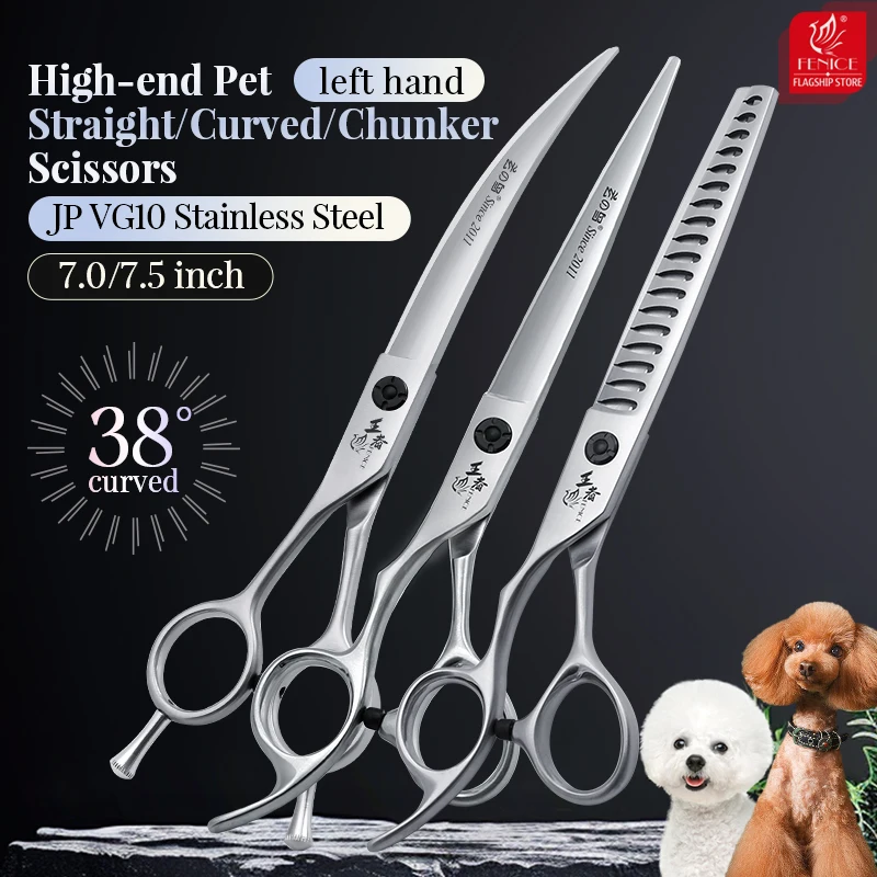 

Fenice Professional JP VG10 Steel Left Hand 7/7.5 Inch Super Curved 38°/Straight Pet Dog Grooming Scissors Shears Dog Scissors